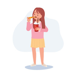 Full length of happy cute little girl eating pizza and holding a glass of soft drink in other hand. Fast food, junk food. Flat vector cartoon illustration