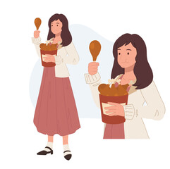 woman eating, enjoying, fried chicken drumstick bucket , yummy chicken, vector flat style cartoon illustration