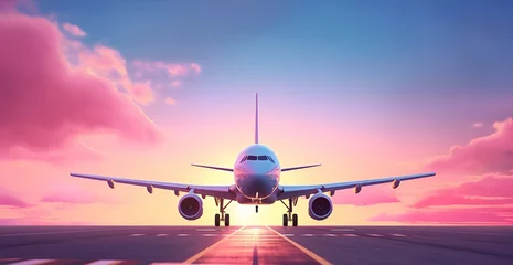 Poster Aircraft on the runway at sunrise. Airplane at the airport. Big passenger plane on the runway road and pink morning sky. Front view. Generative AI © Rizzolatti