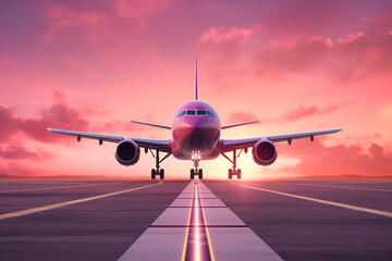 Fototapeta na wymiar Aircraft on the runway at sunrise. Airplane at the airport. Big passenger plane on the runway road and pink morning sky. Front view. Generative AI