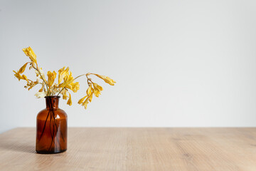 Wooden table with minimal vase with decorative dried twigs, flower on white wall background.