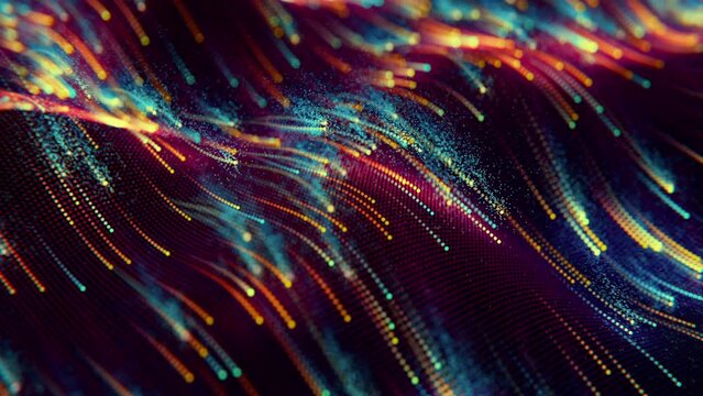 Data lake or big data. looped. Bright dots fly across the wavy grid, leaving traces of magical dust. Warm tones. Surface