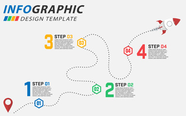Infographic design template. Timeline concept with 4 options or steps template. layout, diagram, annual, rocket, start up, report, presentation. Vector illustration.