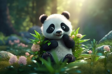 a cute adorable baby panda stands in nature in the style of children-friendly cartoon animation fantasy  3D style Illustration  created by AI