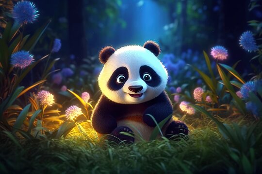a cute adorable baby panda  by night with light in nature rendered in the style of children-friendly cartoon animation fantasy style  3D style Illustration created by AI