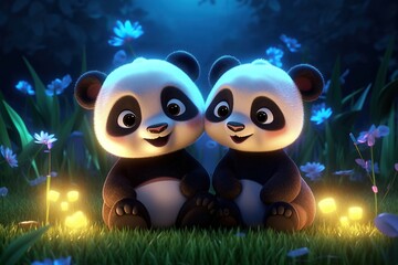 a cute adorable two baby panda bears by night with light in nature rendered in the style of children-friendly cartoon animation fantasy style 3D style Illustration created by AI