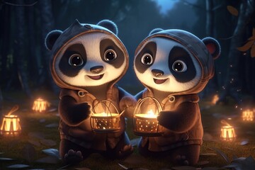 a cute adorable two baby panda bears by night with light in nature rendered in the style of children-friendly cartoon animation fantasy style 3D style Illustration created by AI