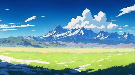 Fototapeta na wymiar anime style background landscape with mountains and blue sky with Generative AI