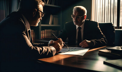 a lawyer in a suit discusses a document with a judge