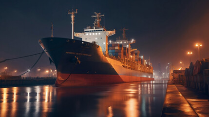Fototapeta premium Night view of cargo ship docked at the logistics port