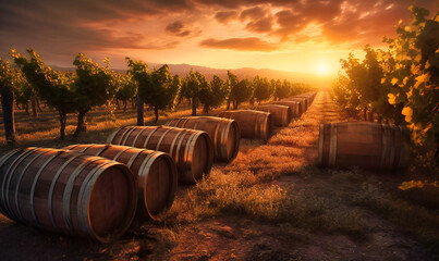 wine barrels in a vineyard at sunset - obrazy, fototapety, plakaty