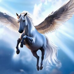 Obraz na płótnie Canvas Flying white Horse in the blue sky, AI generator