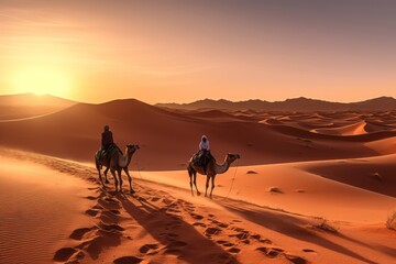A stunning desert landscape image featuring the golden dunes of the nearby Sahara Desert, with a camel caravan in the distance, evoking the sense of adventure and exploration. Generative Ai - obrazy, fototapety, plakaty