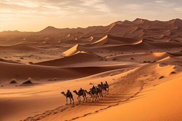 Fototapeta na wymiar A stunning desert landscape image featuring the golden dunes of the nearby Sahara Desert, with a camel caravan in the distance, evoking the sense of adventure and exploration. Generative Ai