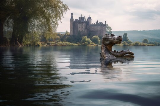 Loch ness lake monster with a castle on background illustration generative ai