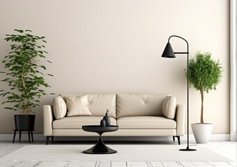 Interior design of stylish living room with modern sofa, flowers in vase and elegant personal accessories in home decor. AI Generated - obrazy, fototapety, plakaty