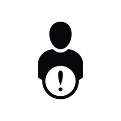 Person with warning sign icon. Patient Problem vector. Error icon. Black patient. Sick employee. Error icon, human, attention, client, account, alarm, caution, customer, person