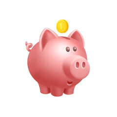 3d piggy bank with gold coin. Isolated pink piggy vector illustration