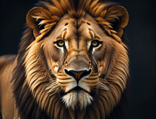 a close up of a lion's face on a black background, face of an lion, portrait of a lion, head of a lion, lion icon, aslan the lion, safari background, lion head, animal portrait, Generative AI