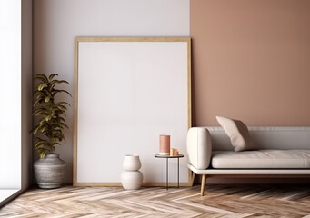 Interior of modern living room with houseplants, sofa frame mockup, AI Generated