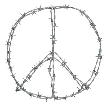 a 3D illustration of a peace symbol created from metal barbed wire