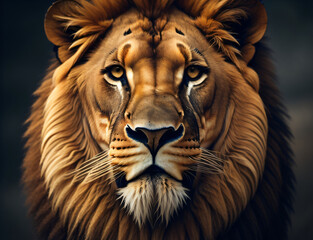 a close up of a lion's face on a black background, face of an lion, portrait of a lion, head of a lion, lion icon, aslan the lion, safari background, lion head, animal portrait, Generative AI