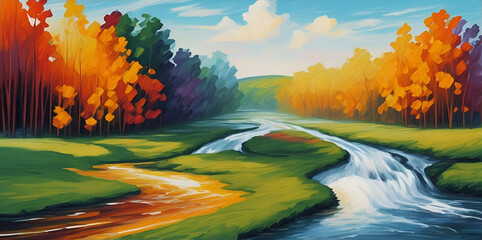 River flow through meadow. AI generated illustration