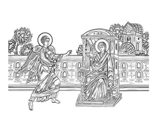 Annunciation to the Blessed Virgin Mary. Whole illustration in Byzantine style. Coloring page on white background