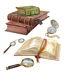 Antique books, pocket watches, magnifying glass and pince-nez - obrazy, fototapety, plakaty