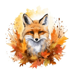 Fototapeta premium A watercolor painting of a fox surrounded by autumn leaves. Generative AI.