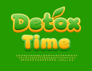 Vector healthy Sign Detox Time. Green and Yellow Cute font. Creative Alphabet Letters and Number set. 