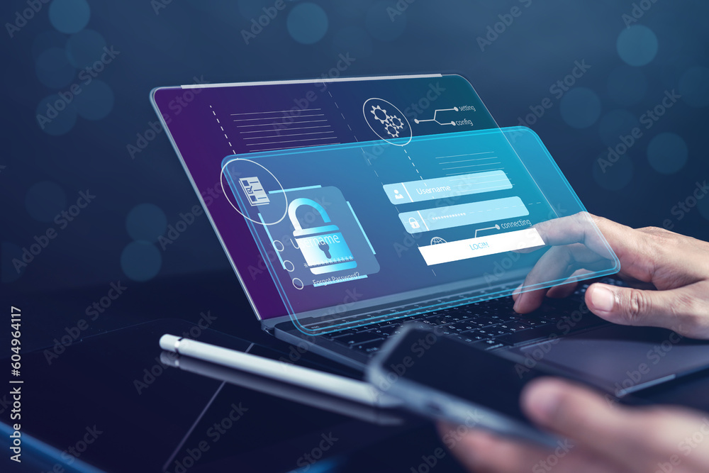 Poster Cybersecurity and privacy concepts to protect data. businessman with internet network security technology. Businessman working on computer using personal data on smartphone. cyber security concept.