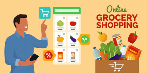 Man doing grocery shopping online