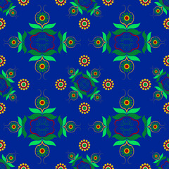 Ethnic folk geometric seamless pattern in green and blue flower vector illustration design for fabric, mat, carpet, scarf, wrapping paper, tile and more