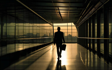 Fototapeta na wymiar business man with suitcase approaching the airport walkway,