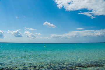 Fototapeta premium Formentera Ibiza Balearic islands Spain on September 16, 2022. Es Calo des Morts beach turquoise water in a summer morning.