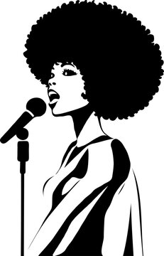 Retro afro american singer girl silhouette. African female sings to microphone illustration. Music pop disco rnb jazz vocal concept.