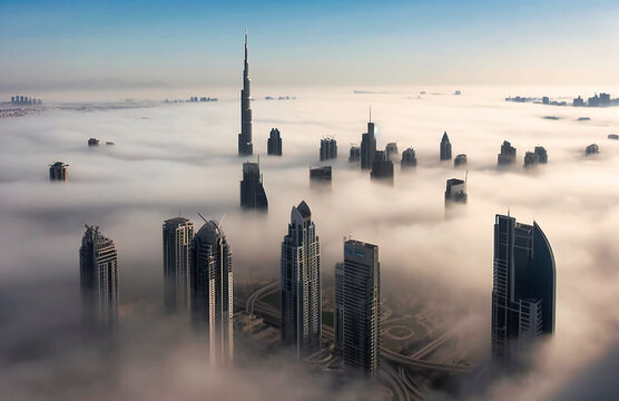Premium AI Image  Cinematic shot of Burj Khalifa with clouds fog