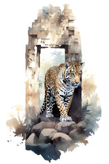A painting of a leopard standing on a rock. Generative AI.