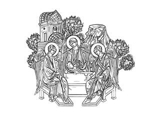 Holy Trinity. Father, Son, Holy Ghost. Illustration - fresco in Byzantine style. Coloring page on white background