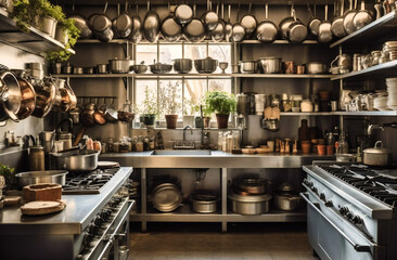 the stainless steel shelves are filled with many pots and pans