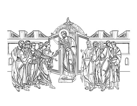 Thomas's assurance. Doubting Thomas. Illustration- fresco in Byzantine style.