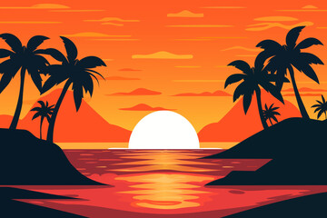 Beautiful sunset landscape, sea beach and sun, ocean sunrise, palm trees, paradise. Paradise seascape. - obrazy, fototapety, plakaty