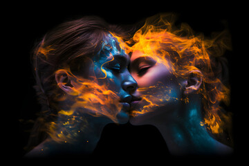 Beautiful couple of two attractive girls made from fire, embracing. Burning love theme conceptual illustration. Generative AI