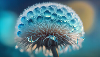 Dandelion. Dew drops. Close-up. Spring floral background. Wallpaper. Generative AI