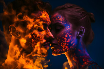 Beautiful couple made from fire, embracing. Burning love theme conceptual illustration. Generative AI