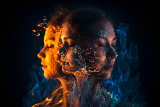 Three beautiful attractive young girls made from fire. Conceptual collage illustration. Generative AI