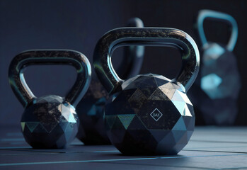 Fototapeta na wymiar a black kettlebell and two black weights of weight
