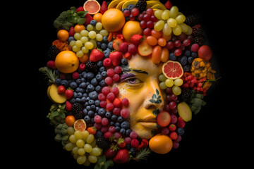Naklejka na ściany i meble Woman face combined with summer fruits. Colorful conceptual illustration. Generative AI