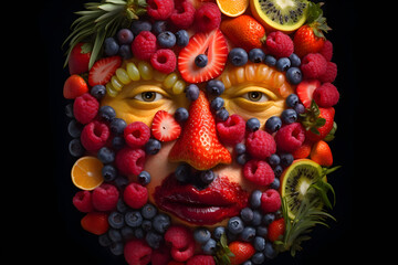 Man face combined with summer fruits. Colorful conceptual illustration. Generative AI